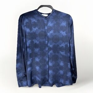 Vince Blue Printed Silk Shirt Band Collar Long Sleeve Minimalist Quiet Luxury